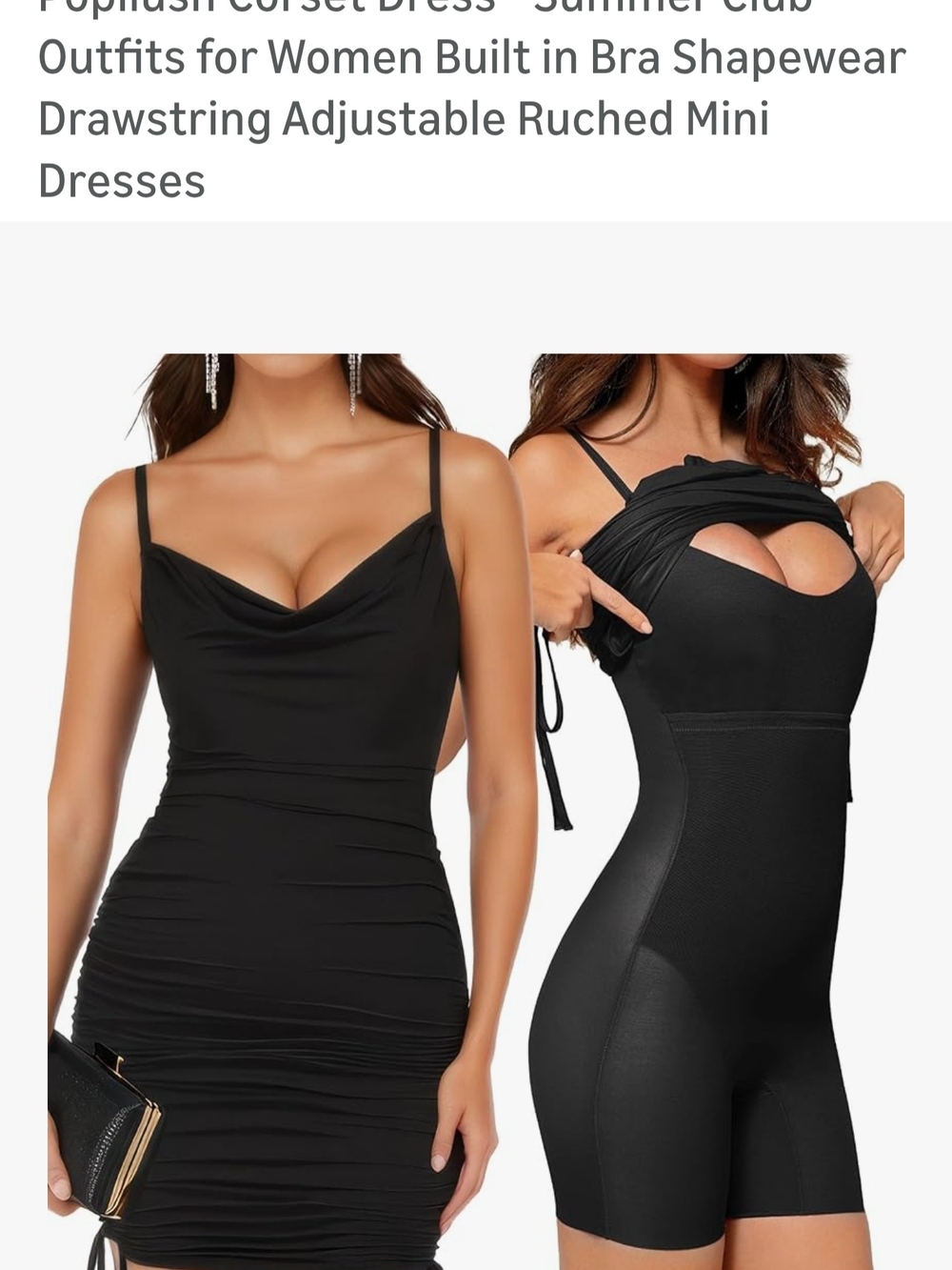 Popilush Black Ruched Bodycon Mini Dress Size Small 4-6 NWT Cowl Neck Shapewear